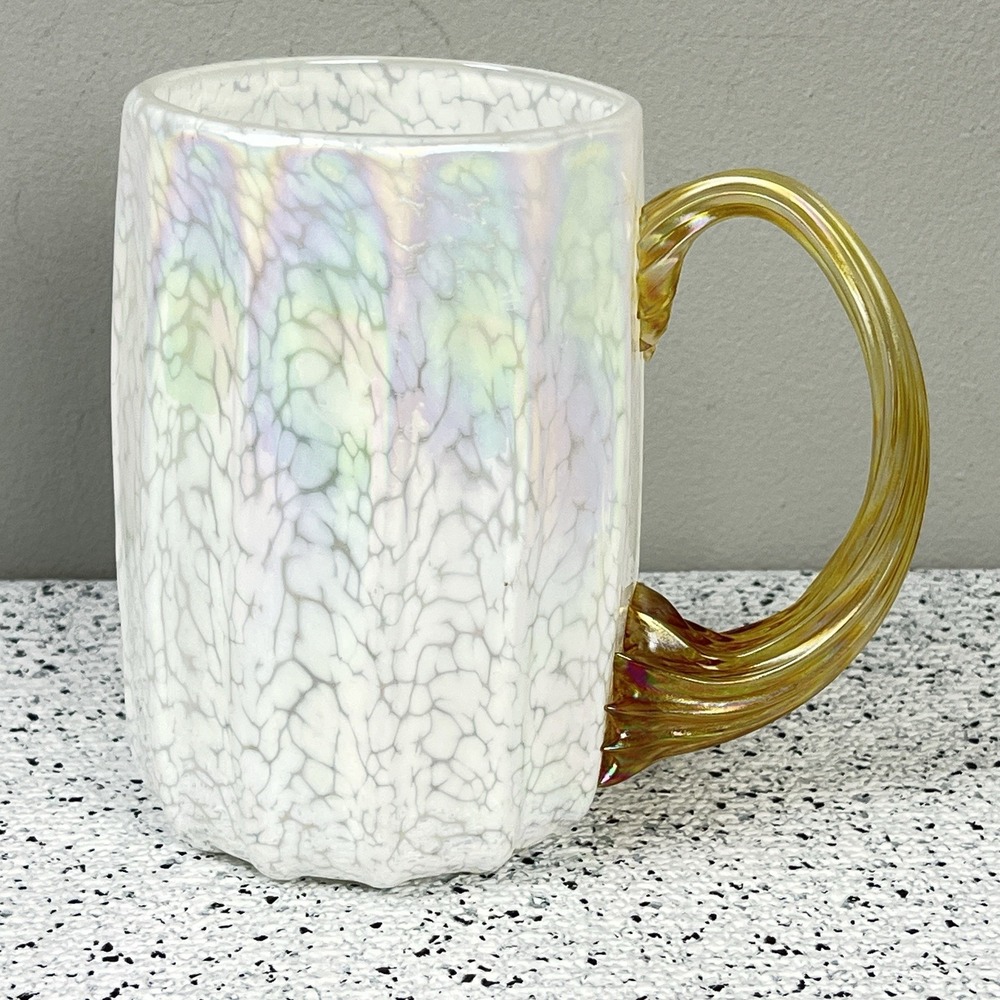 Hand Blown Artisan White Iridescent Art‎ Glass Mug 18oz Handmade